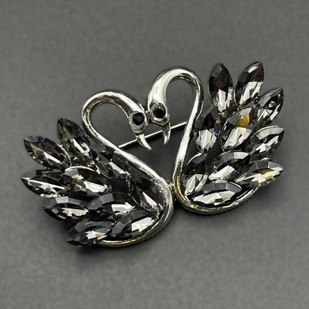 Silver with Gray and Black Onyx Crystal Kissing Swan Duo Pin Back Brooch